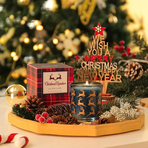 Miniatura 4 de ROMIIE ZOI Vela perfumada de Navidad - Vela de cera de soja de 6oz, reno navideño, infundida con aroma a menta - Caja de regalo de tartán escocés