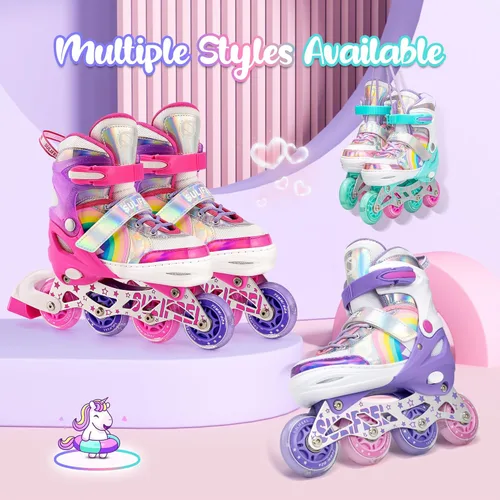 Miniatura 8 de SULIFEEL Patines en línea de unicornio arcoíris para niñas y niños, 4 tamaños, ajustables, con ruedas iluminadas, para niños principiantes C rosado