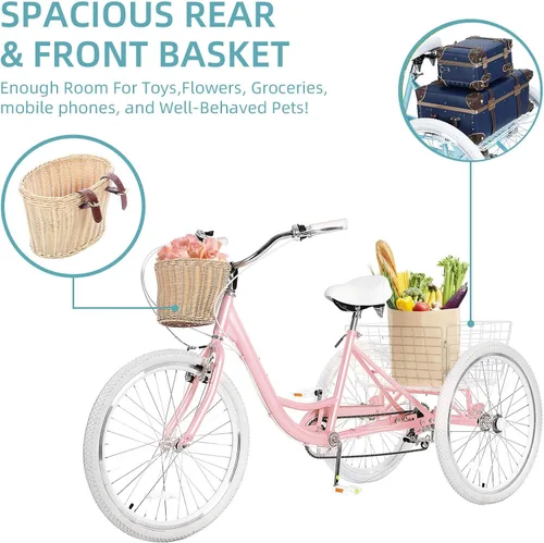Miniatura 3 de Triciclos para adultos para adultos, triciclos para adultos de 7 velocidades, bicicleta de 3 ruedas de 20/24/26 pulgadas con canasta, bicicletas