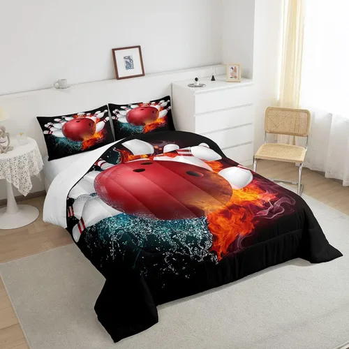 Miniatura 4 de Erosebridal Juego de edredón de fiesta de bolos para niños y niñas, juego de ropa de cama de bola de boliche, tamaño individual, marco de agua