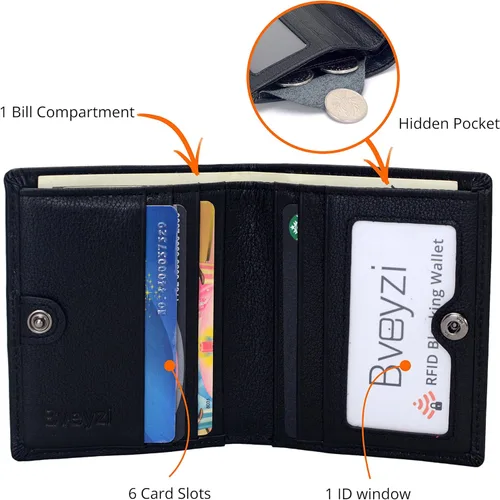 Miniatura 4 de Bveyzi Cartera ultra delgada RFID para mujer, cartera de cuero pequeña y delgada con bolsillo doble para damas