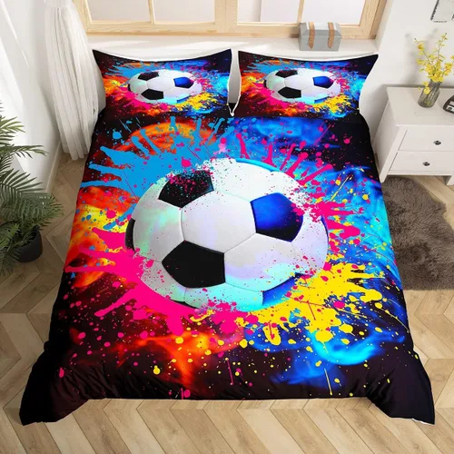 Miniatura 10 de Feelyou Juego de ropa de cama de fútbol, funda de edredón marrón para niños y niñas, juego de pelota de fútbol, juego de competición deportiva
