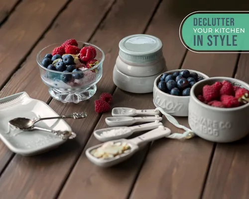 Miniatura 4 de Comfify Mason Jar Menaje de Cocina – 4 Tazas Medidoras, 4 Cucharas, Apoya Cucharas – Cerámica Vintage en Gris
