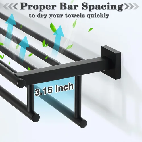 Miniatura 7 de Alise - Toallero de baño con dos barras para toallas y estante, para colgar en la pared, acero inoxidable, SUS 304 Negro mate