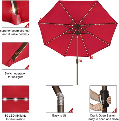 Miniatura 4 de EliteShade USA - Sombrilla solar de 9 pies / 2.74 metros, con 80 luces LED para patio, mesa al aire libre, con ventilación, logo rojo, no se