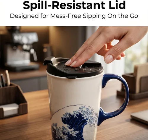 Miniatura 5 de DUSVALLY - Taza de viaje de cerámica de 17 onzas con tapa y asa, taza de café de gran ola, taza de té de arte japonés, apta para microondas