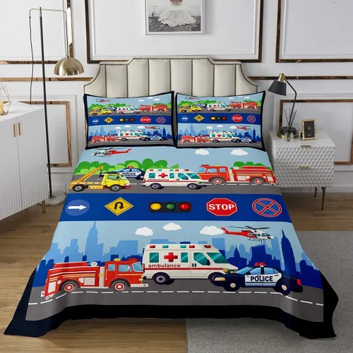 Miniatura 2 de Colcha de vehículos de rescate para niños, tamaño individual, juego de colcha de ambulancia de coche de policía y camión de bomberos, decoración