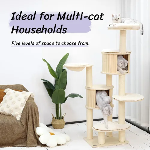 Miniatura 5 de KAMABOKO Árbol para gatos de 67 pulgadas de alto, árbol extragrande para gatos, torre masticable de madera de 8 niveles con condominio para gatos
