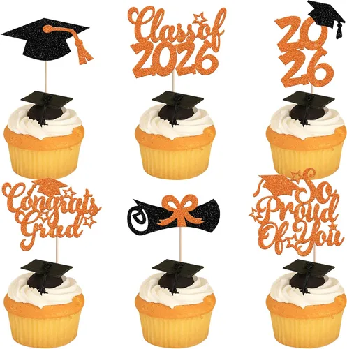 Miniatura 10 de Rsstarxi Paquete de 24 adornos para cupcakes de graduación 2026, con purpurina azul, para la clase de 2026, para diplomas, 24 piezas (6 diseños)