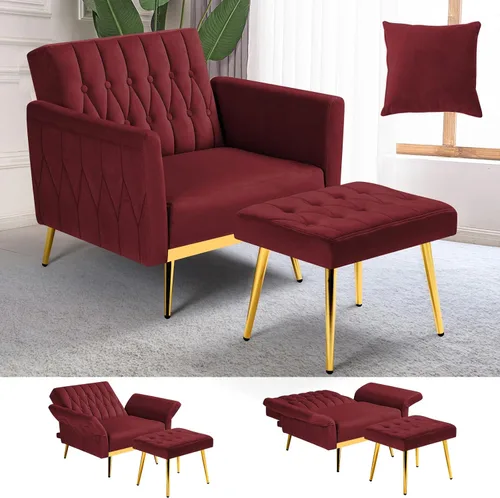 Miniatura 11 de Silla de terciopelo Accent con apoyabrazos y respaldo ajustables, sillón de ocio con botones acolchados, sillón reclinable individual con otomano