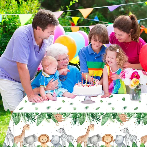 Miniatura 5 de Mantel de fiesta de safari en la selva, mantel con estampado de animales salvajes, verde salvia, decoración de baby shower, cubierta de mesa
