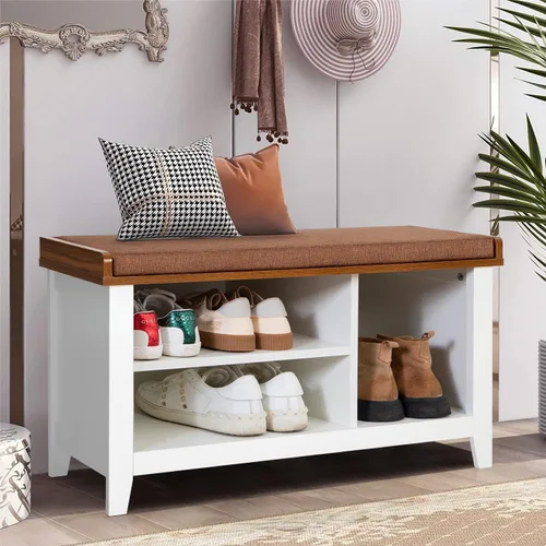 MFSTUDIO Banco Organizador de Zapatos, Banco de Entrada para Zapatos Blanco con Asiento y Cojín Acolchado, Organizador de Zapatos Independiente para