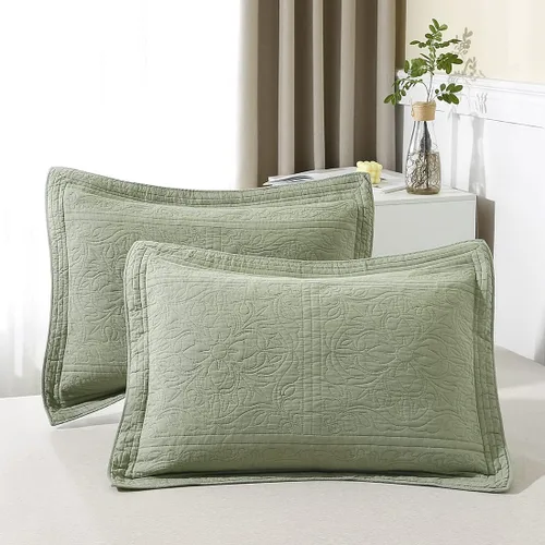 WINLIFE Juego de 2 fundas de almohada acolchadas 100% algodón, estampado floral, tamaño King, color verde