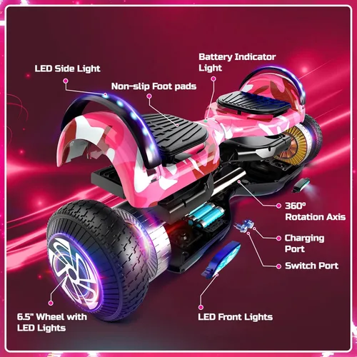 Miniatura 5 de Scooter con accesorio de asiento para niños y adultos, scooter de equilibrio de 6.5 pulgadas y 8.5 pulgadas con altavoces Bluetooth y luz LED A7