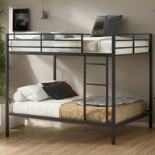 DlandHome Litera de metal matrimonial sobre tamaño matrimonial con escalera, marco de litera de perfil bajo para niños y adultos, litera de acero