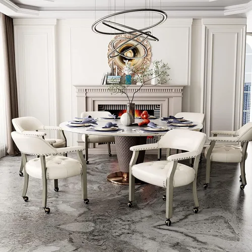 Miniatura 78 de Juego de 8 sillas de cuero de comedor con ruedas y brazos, silla de capitán Accent con ruedas, sillas de madera con ruedas enrollables para cocina