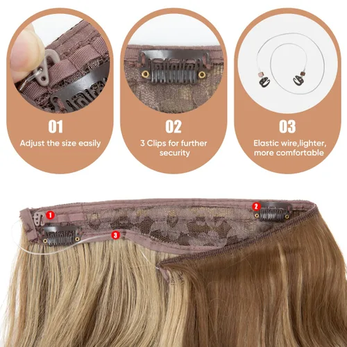 Miniatura 5 de Extensiones de cabello de alambre transparente invisible con 3 clips seguros, diadema ajustable, tamaño ondulado, rizado, largo, sintético