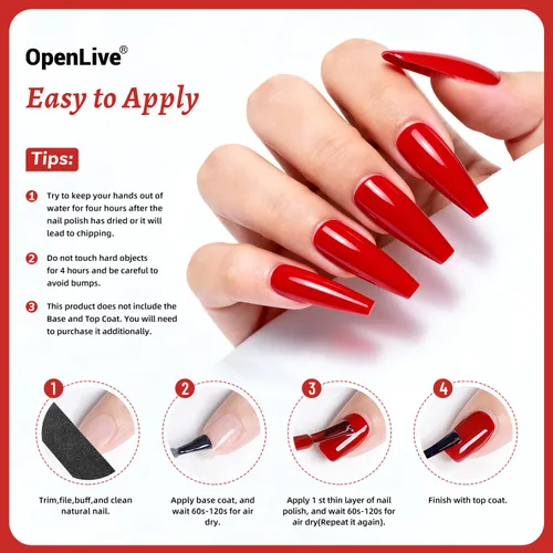 Miniatura 6 de OpenLive 18ml Esmalte de uñas rojo de gran volumen de secado rápido, esmalte de uñas de secado rápido y de larga duración para arte de uñas DIY