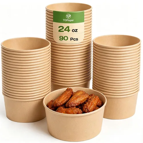 TOPtoper Tazones de papel grandes de 24 onzas sin tapas, paquete de 90 cuencos desechables para sopa, suministros de fiesta sin plástico para