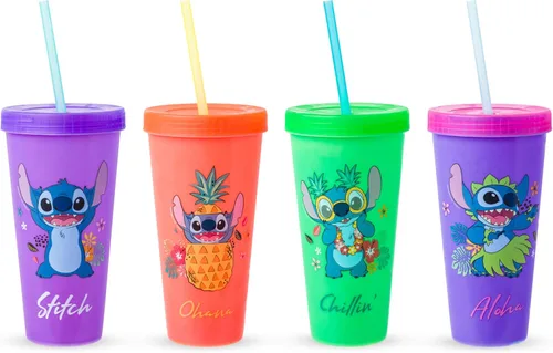 Silver Buffalo Disney Lilo and Stitch Tropical Poses - Paquete de 4 vasos de plástico que cambian de color, 24 onzas Poses tropicales de Lilo y