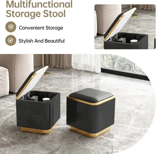 Miniatura 9 de Guyii Mesa de centro elevable con taburetes de almacenamiento, mesa central multifuncional negra con cajones, moderna mesa de comedor extensible