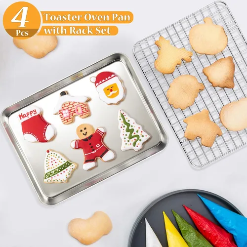 Miniatura 5 de TeamFar - Juego de bandeja para mini horno tostador con estante, 9 x 7 x 1 pulgada de acero inoxidable con rejilla para hornear, asar y enfriar, sin