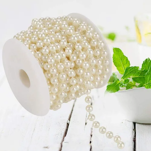 Miniatura 4 de 32.8 ft/roll 0.315 in Línea de Algodón Artificial Perlas Perlas Cadena Cadena Guirnalda Flores Decoración de la Boda Artesanía Perla Cadena (Beige)