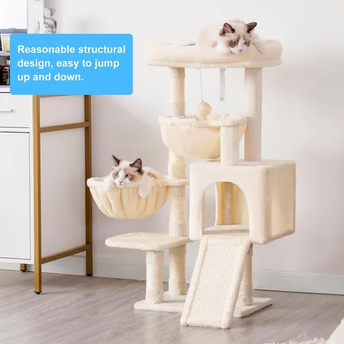 Miniatura 8 de Hey-brother Árbol para gatos, torre para gatos de interior, casa para gatos con cama acolchada grande, acogedor condominio, hamacas, postes Beige