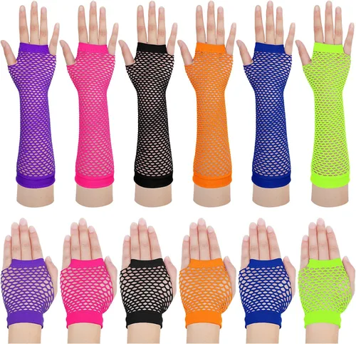 SATINIOR 12 pares de guantes de malla de red de Halloween de los años 80 y 90 para mujeres y niños, guantes de neón sin dedos para fiestas,