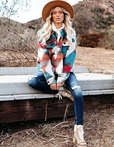 Miniatura 5 de VIEWON Chaqueta de manga larga con estampado azteca para mujer estilo occidental con botones ligera casual con solapa