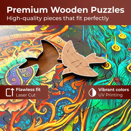 Miniatura 4 de CRAFTHUB Rompecabezas de Madera de Animales para Adultos – A3 Pavo Real Yin Yang con 127 Piezas – Rompecabezas con Formas de Animales Únicas – 10.6