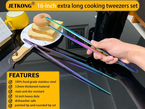 Miniatura 3 de JETKONG 2 pinzas finas de acero inoxidable de 16 pulgadas extra largas, pinzas de cocina largas para cocinar (arcoíris)