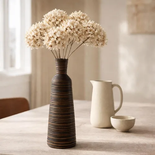 Miniatura 5 de AeraVida Jarrón de madera de mango en forma de botella de 14 pulgadas con rayas horizontales, jarrón alto de madera natural rústica para seda