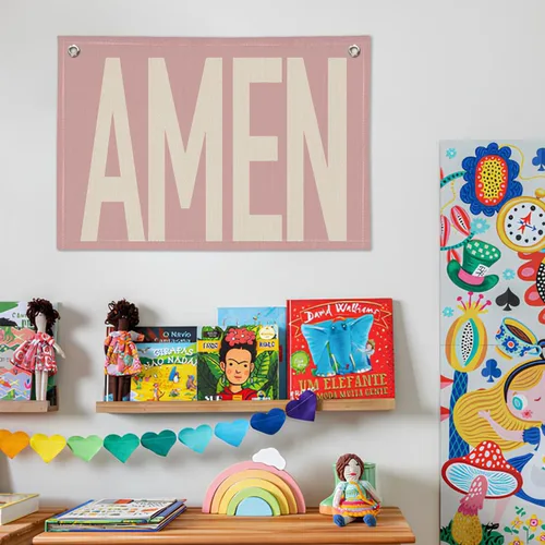 Miniatura 7 de Rosa "AMEN" Arte de Pared 20x30 Pulgadas - Decoración Cristiana Coquette, Colgante para Dormitorio de Niñas, Bandera de Oración de Lino, Letrero