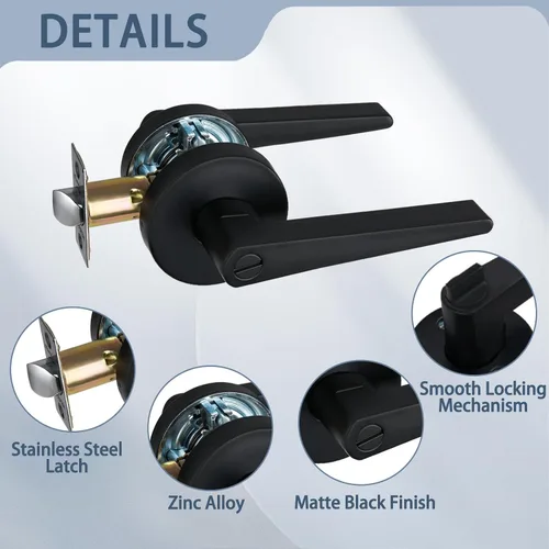 Miniatura 2 de MD8820-DB-BK-1P - Manija de puerta de privacidad sólida para dormitorio y baño, acabado negro mate
