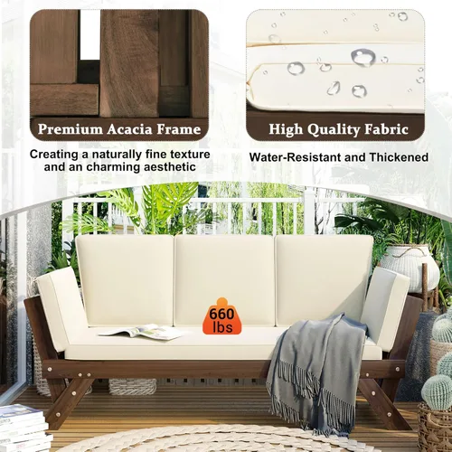 Miniatura 3 de Harper & Bright Designs Sofá convertible para exteriores con reposabrazos ajustable, sofá de madera maciza para patio con cojines, acabado Acabado
