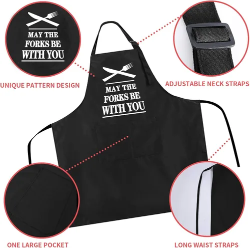Miniatura 4 de Rosoz Divertidos delantales de chef negros para barbacoa para hombres, con texto en inglés "May the Forks be with You", delantales de cocina Que