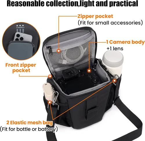 Miniatura 3 de Cwatcun Bolsa bandolera para cámara, pequeña, compacta, resistente al agua, para fotografía, compatible con Canon/Nikon/Sony, compartimento