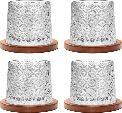 Miniatura 25 de Vaso de vidrio antiguo giratorio, 275ml/10oz de vidrio de whisky de cristal, posavasos de madera, engrosamiento, utilizado como vaso de ron, vaso