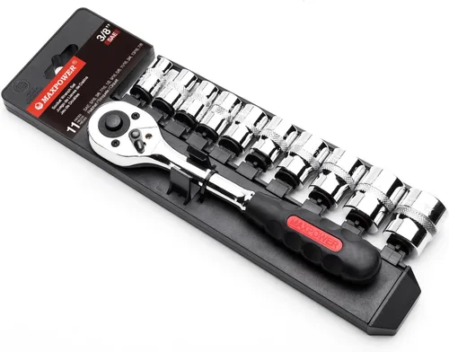 MAXPOWER Juego de 11 llaves de trinquete de 3/8 pulgadas, mango de trinquete reversible de liberación rápida y llaves intercambiables, enchufes de