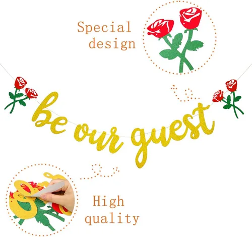 Miniatura 4 de Letrero dorado con texto en inglés «Be Our Guest » – Cartel de recepción para fiesta de La Bella y la Bestia, despedida de soltera, despedida