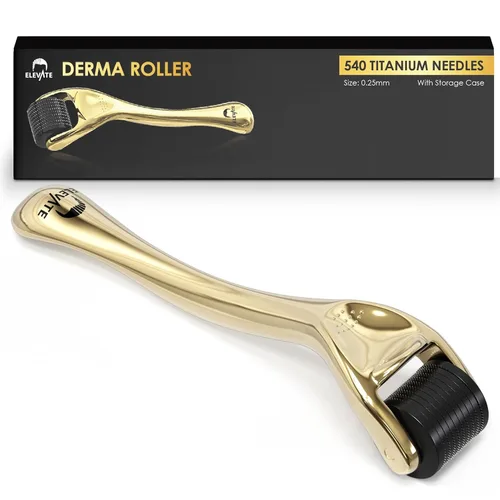 Elevate Derma Roller 0.010 in con rodillo de microagujas de titanio 540 para mujeres y hombres, rodillo dorado para cara, piel, cabello y barba,