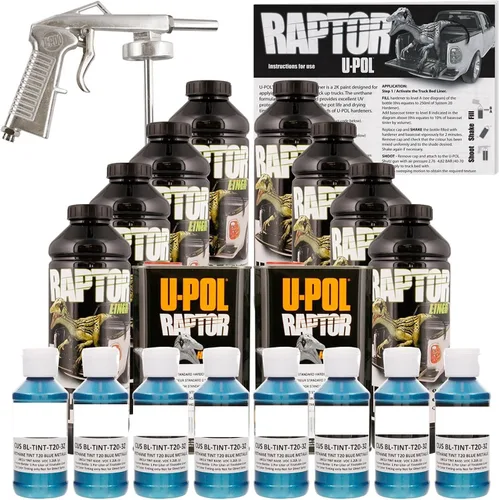 U-POL Raptor - Kit de revestimiento de uretano metálico azul metálico para caja de camioneta con pistola rociadora gratis, 8 litros