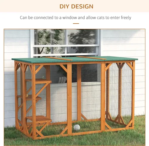 Miniatura 3 de PawHut Casa para gatos al aire libre, refugio de madera para gatos Catio, jaula para gatos con plataformas, puerta de entrada grande, techo