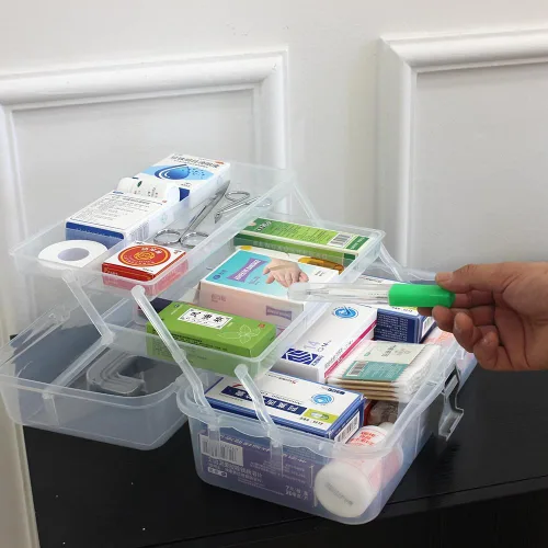 Miniatura 9 de Bandejas de 2 niveles, caja organizadora de contenedores de almacenamiento de plástico gris transparente, funda de transporte portátil multiusos