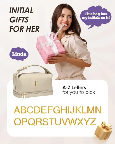 Miniatura 2 de Bolsa de maquillaje con asa, bolsa de cosméticos impermeable de doble capa, bolsas de maquillaje de cuero PU de gran capacidad con letra, bolsa