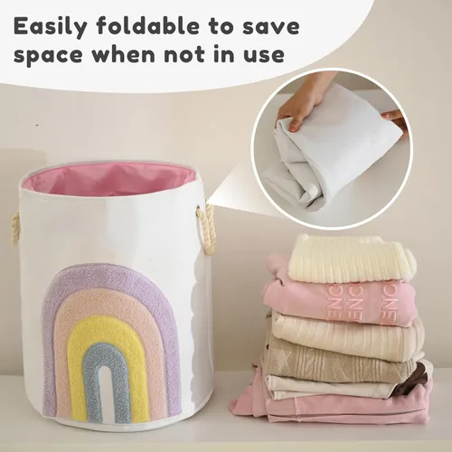 Miniatura 5 de Cesta para Bebé Rosa, Cesta de Lavandería de Lona XL de 58L con Cierre de Cordón, Decoración Boho de Arcoíris