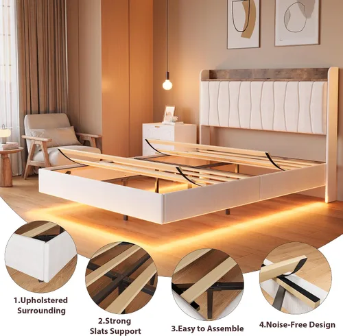 Miniatura 6 de GarveeHome Marco de Cama Flotante Full con Luces LED y Estación de Carga USB – Cama Plataforma Moderna Tapizada con Cabecero, Soporte de Listones