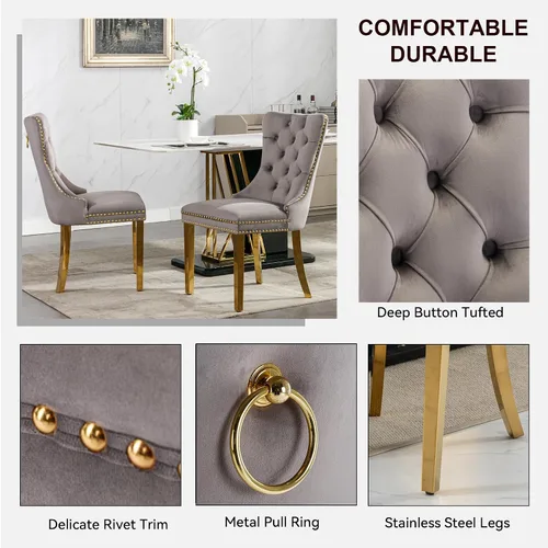 Miniatura 6 de Juego de mesa de comedor moderno de 70 pulgadas para 6, 7 piezas, con base de mármol sintético, base de acero inoxidable y sillas de terciopelo