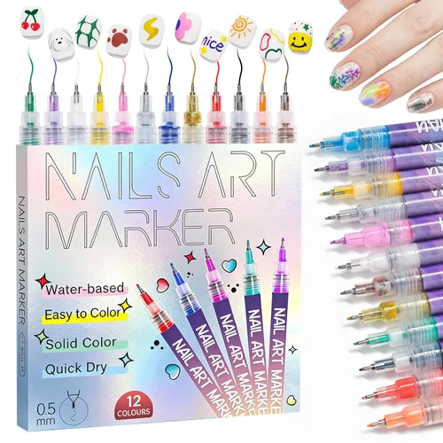 Bolígrafos de arte de uñas: Juego de marcadores de arte de uñas de 12 colores, bolígrafo de esmalte de pintura con punta fina de 0.020 in, secado